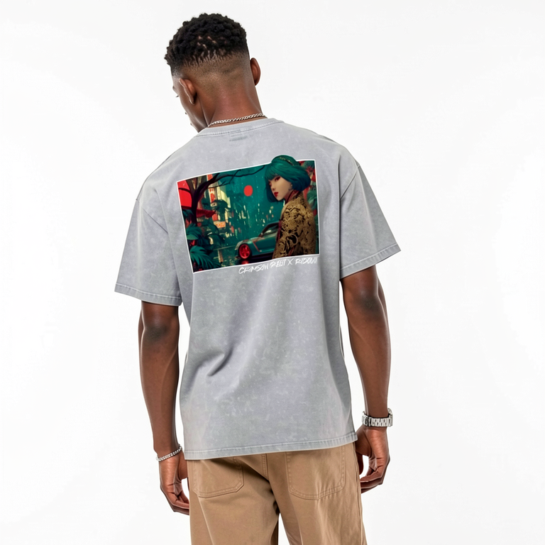 Crimson Orbit - Snow Washed Oversized Cotton T-Shirt