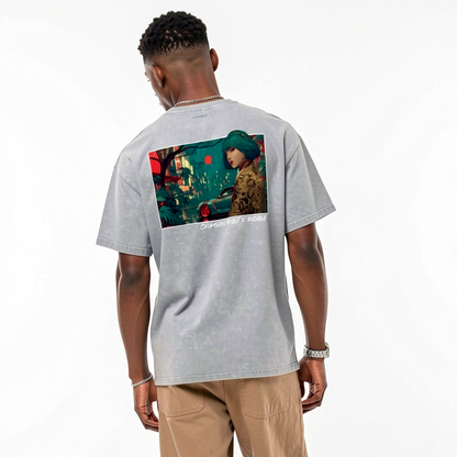 Crimson Orbit - Snow Washed Oversized Cotton T-Shirt
