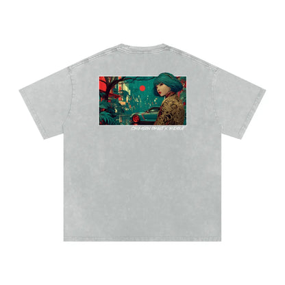 Crimson Orbit - Snow Washed Oversized Cotton T-Shirt